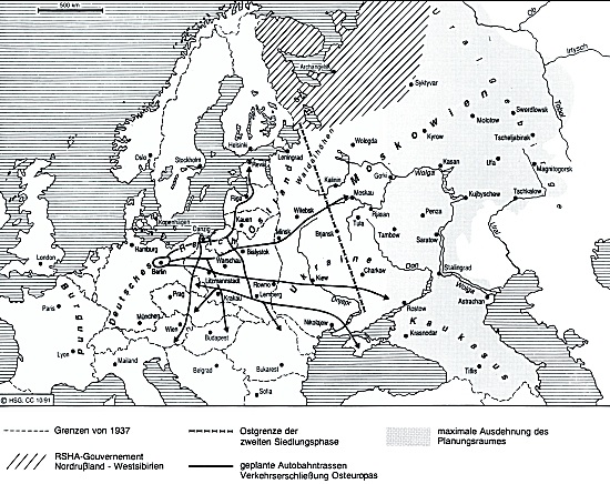 О размахе «Генерального плана “Ост”» говорит эта карта, выполненная в 1993 г. Карлом Хайнцем Ротом и Клаусом Карстенсом на основе изученных документов.