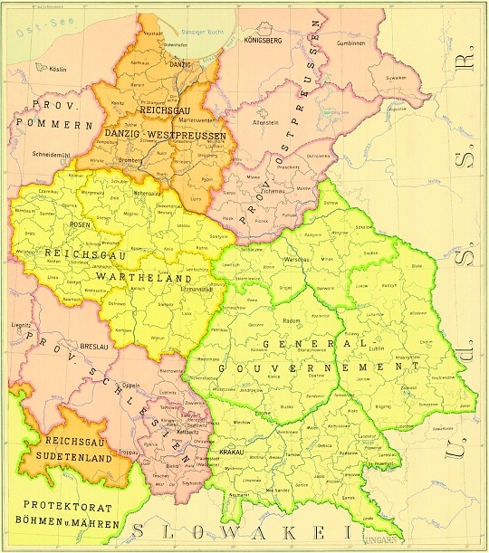 Карта показывает захваченную Германией Польшу. Изгнанием евреев и поляков службы СС хвастались на пропагандистской выставке «Планирование и строительство на Востоке» 1941 года.