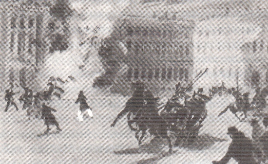 Взрыв в Зимнем дворце 5 февраля 1880 г., организованный С. Халтуриным. С акварели худ. Соколова.

